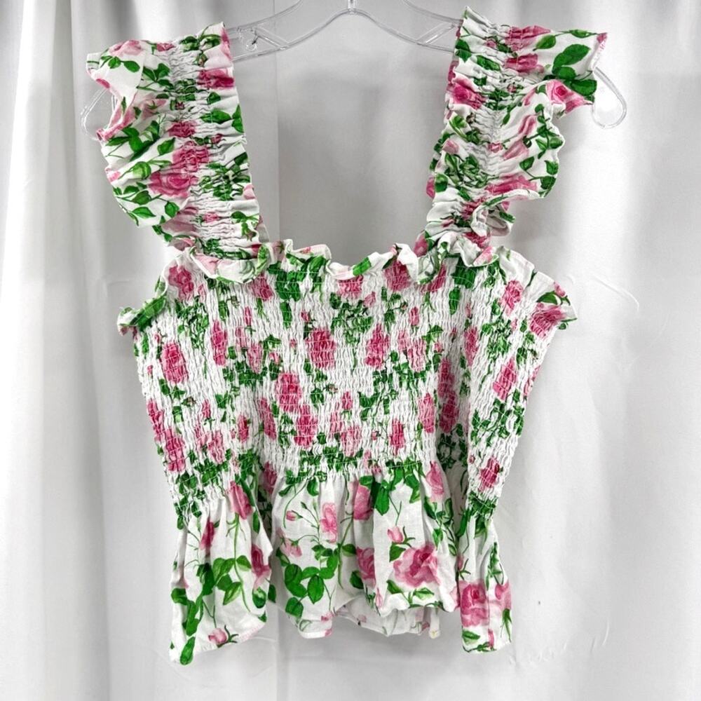Hill House Paz Smock Floral Tank Top Ruffle Sleeveless Sz XL Smocked Linen